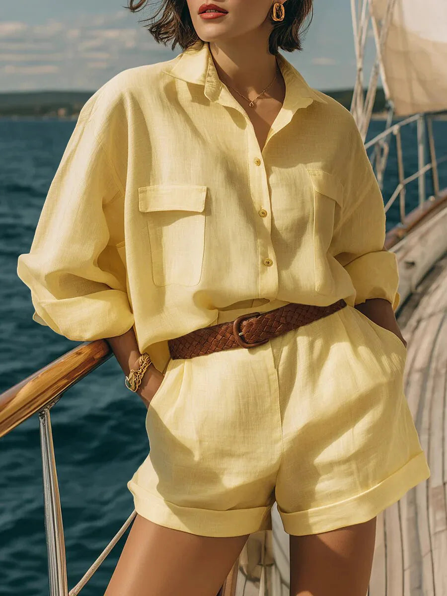 Chic women's oversized long sleeve shorts two-piece set, perfect for summer casual wear, beach outfits & vacation apparel.