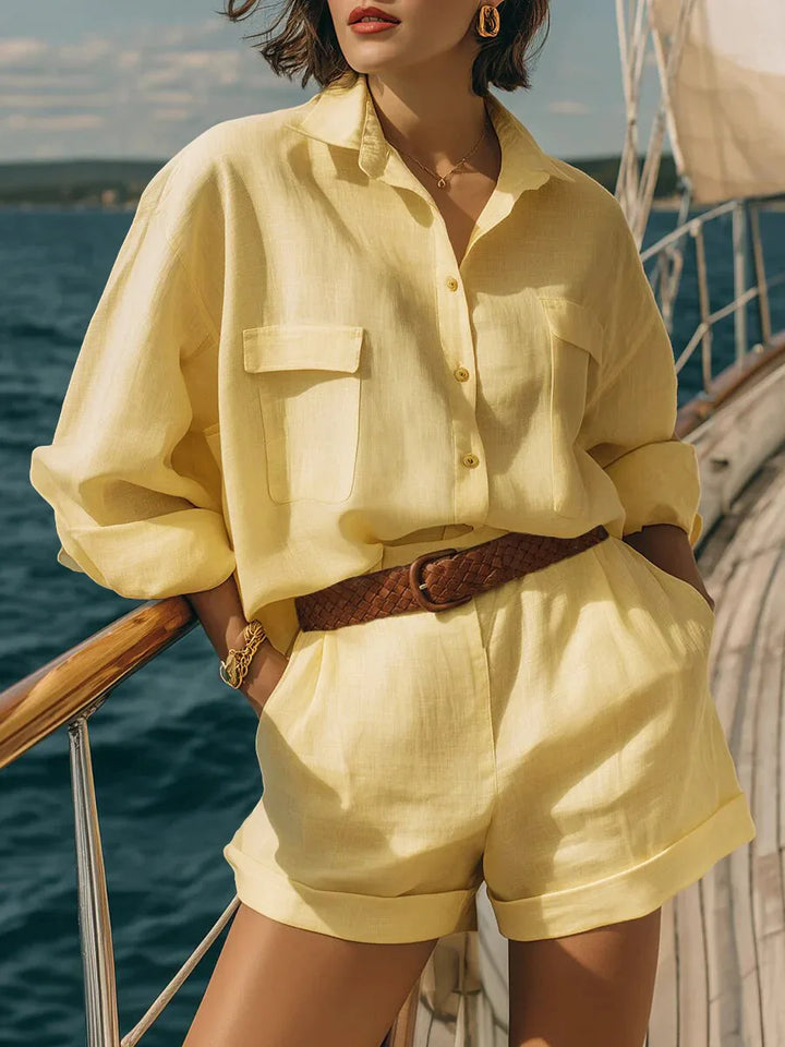 Chic women's oversized long sleeve shorts two-piece set, perfect for summer casual wear, beach outfits & vacation apparel.