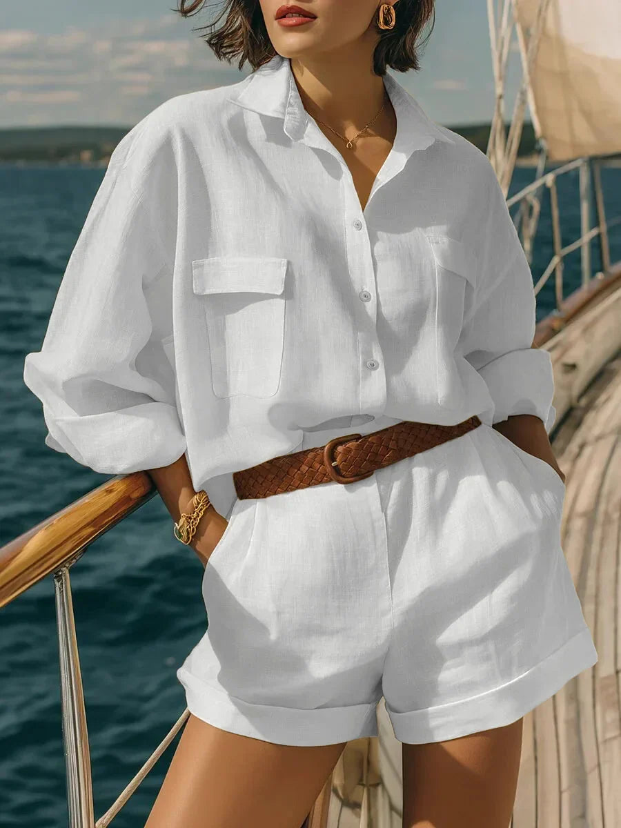 Women's long sleeve & shorts oversized matching set. Breathable two-piece apparel for summer casual, beach, or loungewear.