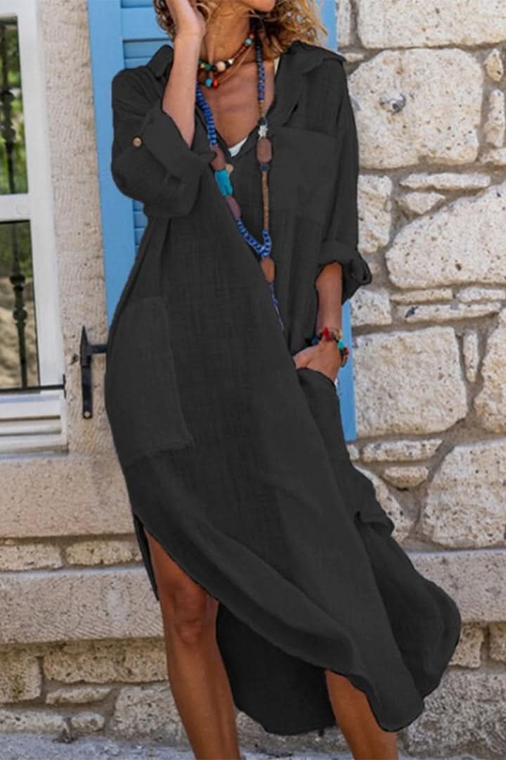Women's oversized midi shirt dress, perfect for boho evenings & summer vacations. V-neck, long sleeves.