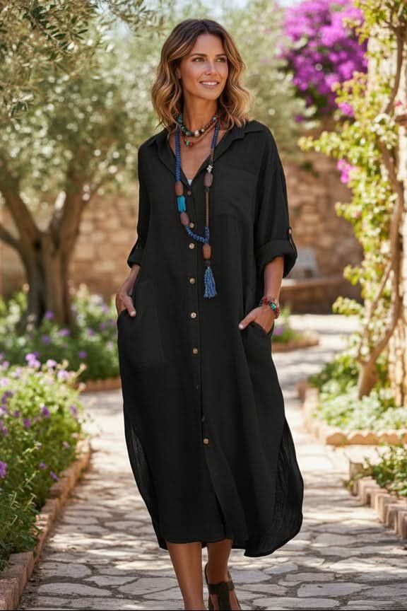 Casual boho midi shirt dress for women, ideal for vacation, beach, or summer evenings. Oversized fit.