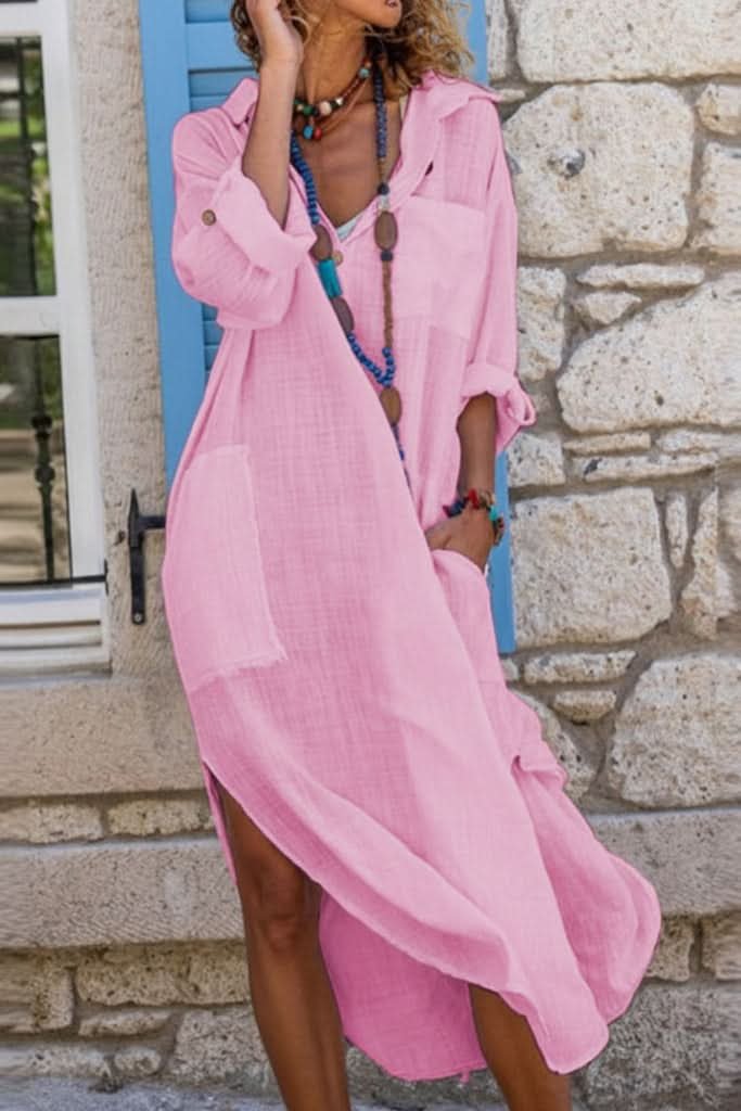 Comfortable women's oversized midi shirt dress. Features V-neck, long sleeves, great for casual summer wear.