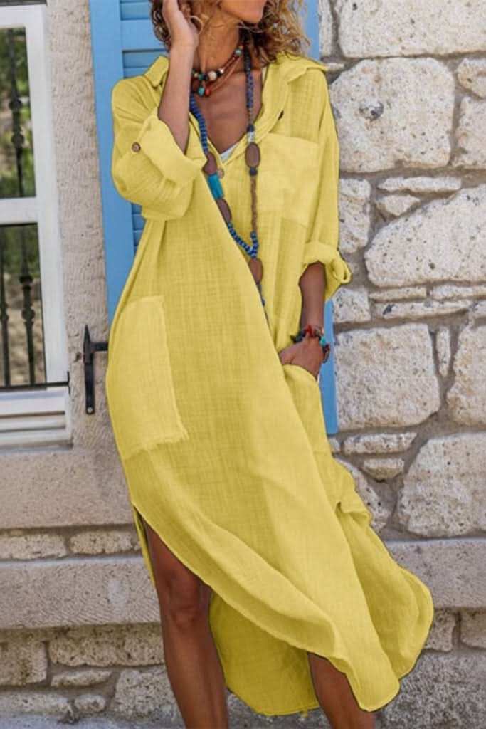 Light & airy women's summer midi shirt dress. Oversized, V-neck, long sleeve, perfect for casual day or evening.