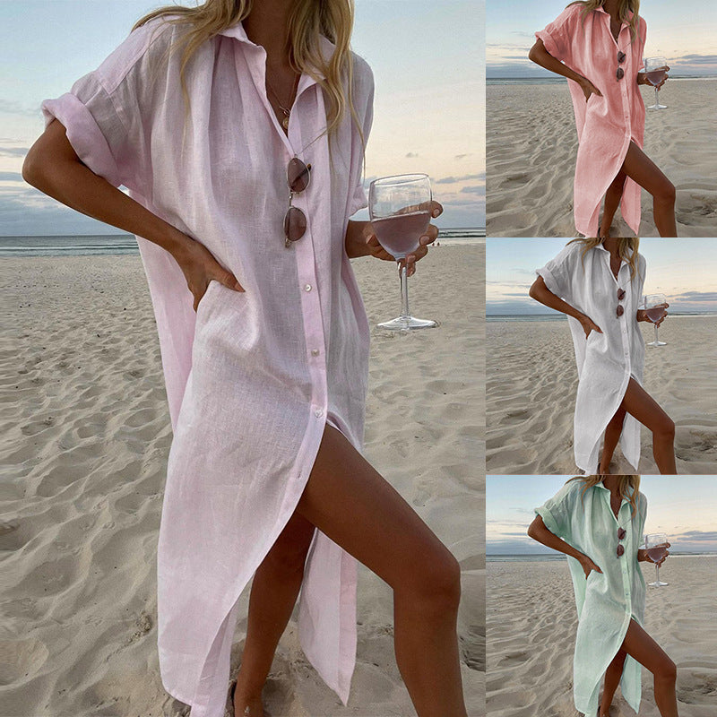 Women's oversized pink button-down roll sleeve beach shirt dress, perfect as a stylish summer cover-up or casual wear.
