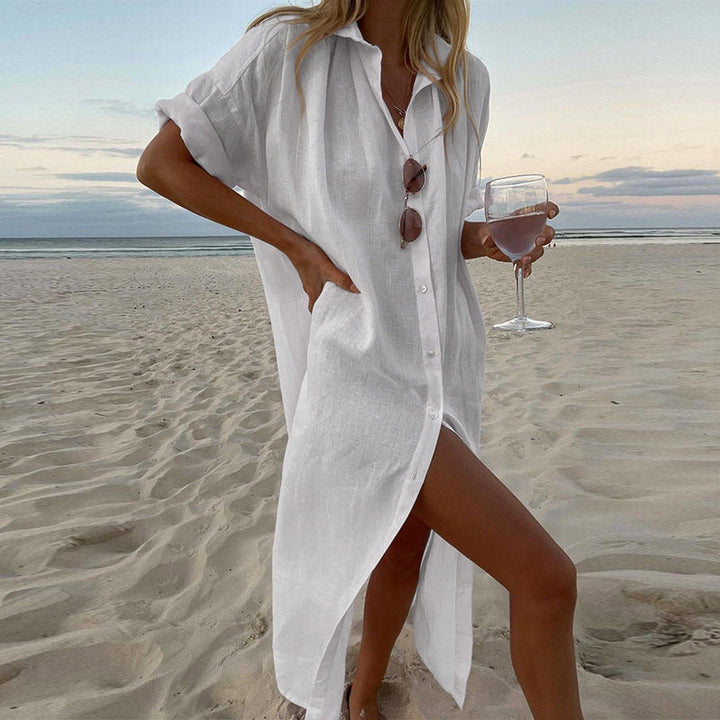 Women's oversized button-down roll sleeve beach dress, a versatile shirt cover-up in pink, white, or light green.