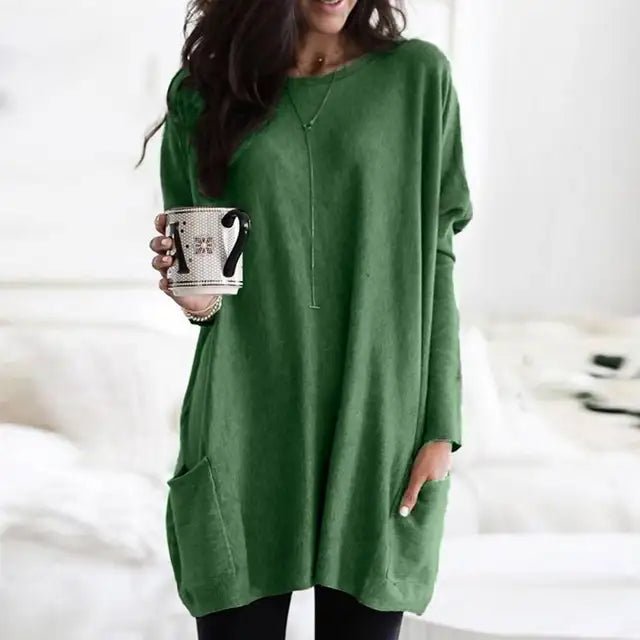 Comfortable long sleeve women's oversized tunic with practical pockets for loungewear or casual outings.