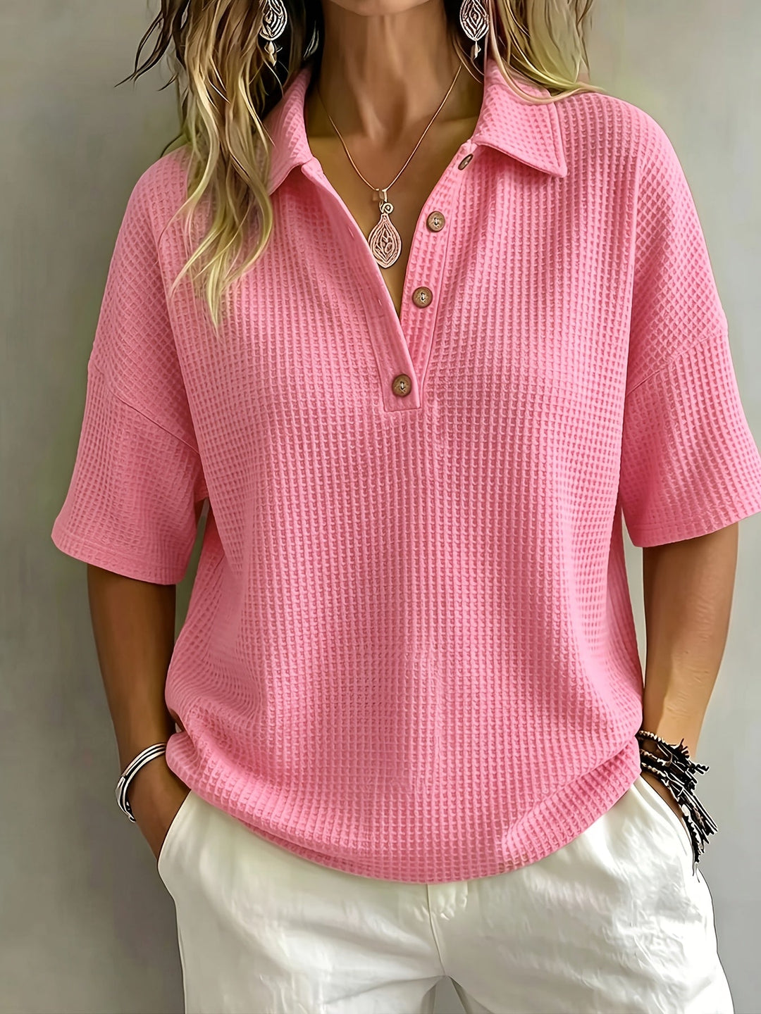 Women's oversized waffle textured polo top, perfect for casual summer wear.
