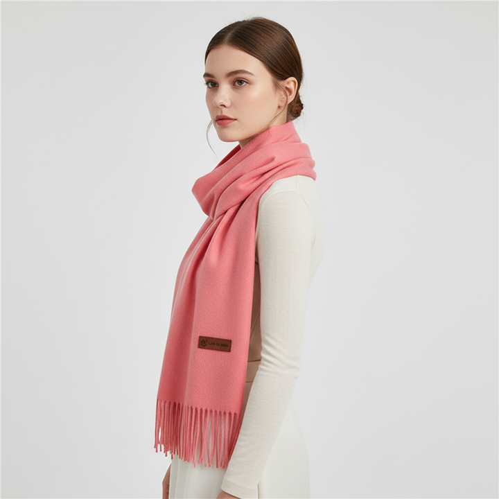 Chic oversized warm winter scarf with fringe, a fashionable women's accessory.