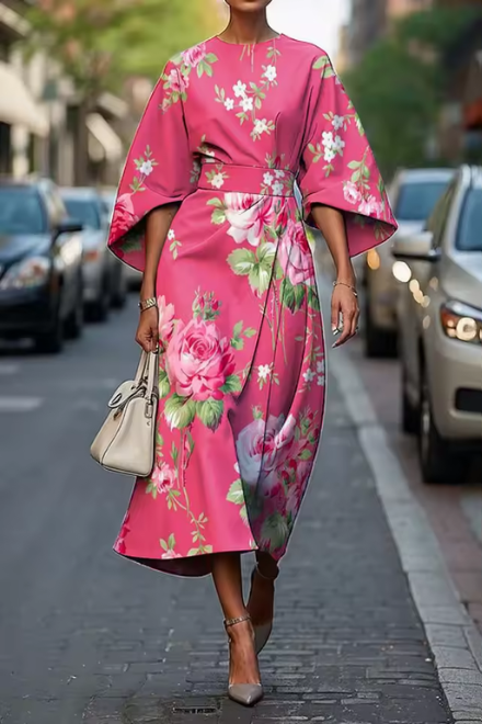 Stylish women's midi dress: painterly floral, puff sleeves, A-line cut. Ideal for wedding guests & cocktail parties.