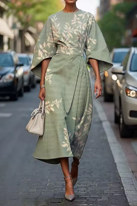 Vibrant painterly floral women's midi dress with chic puff sleeves. A-line design, perfect for summer wedding guests.