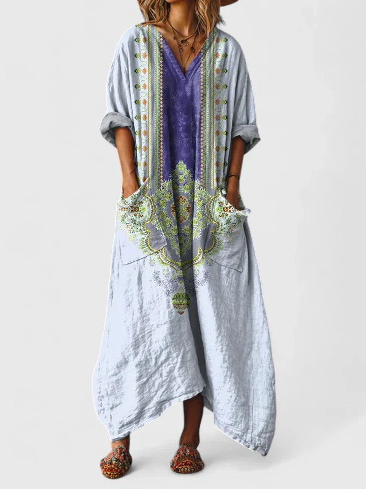 Flowy women's summer vacation maxi dress, relaxed v-neck style with a bohemian paisley pattern & pockets.