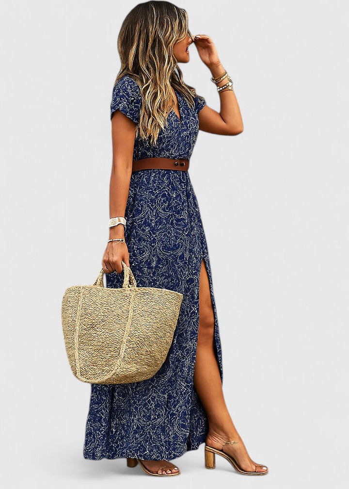 Women's paisley print maxi dress, V-neck, short sleeve, and belted boho style. Ideal for summer vacation fashion.