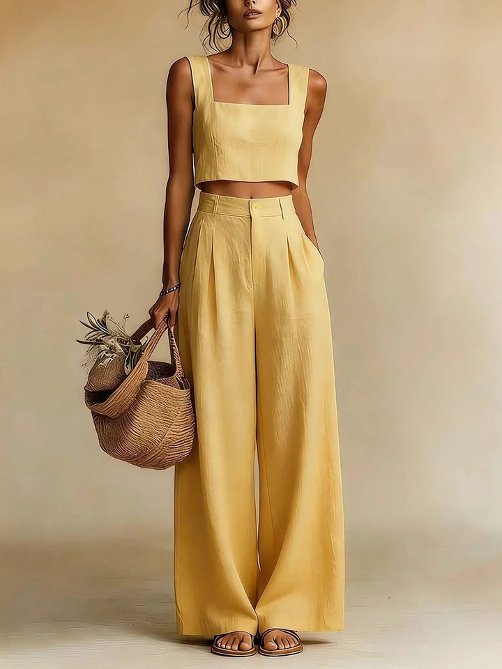 Women's palazzo co-ord set featuring a relaxed top and flowy wide-leg pants. Perfect for casual wear & comfort.