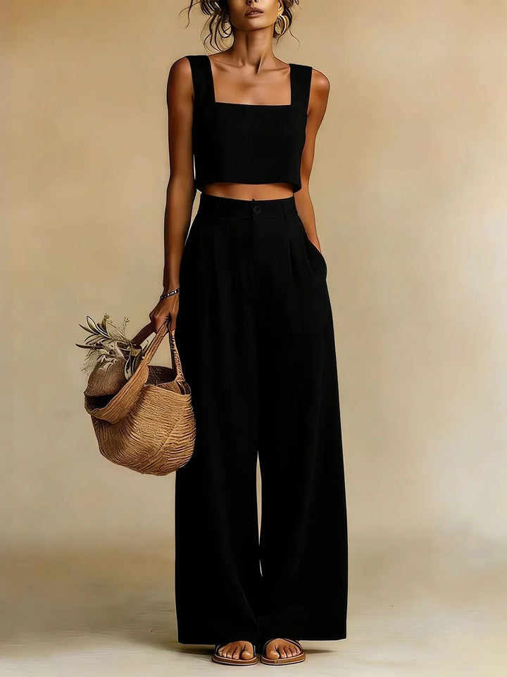 Elegant women's palazzo co-ord set; relaxed top & wide-leg pants. Ideal for vacation, summer or spring fashion.