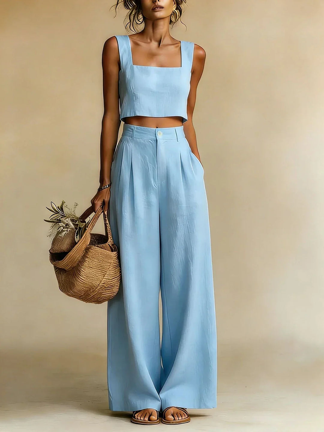 Trendy women's palazzo co-ord set; relaxed top & wide-leg pants for a fashionable, comfortable casual outfit.