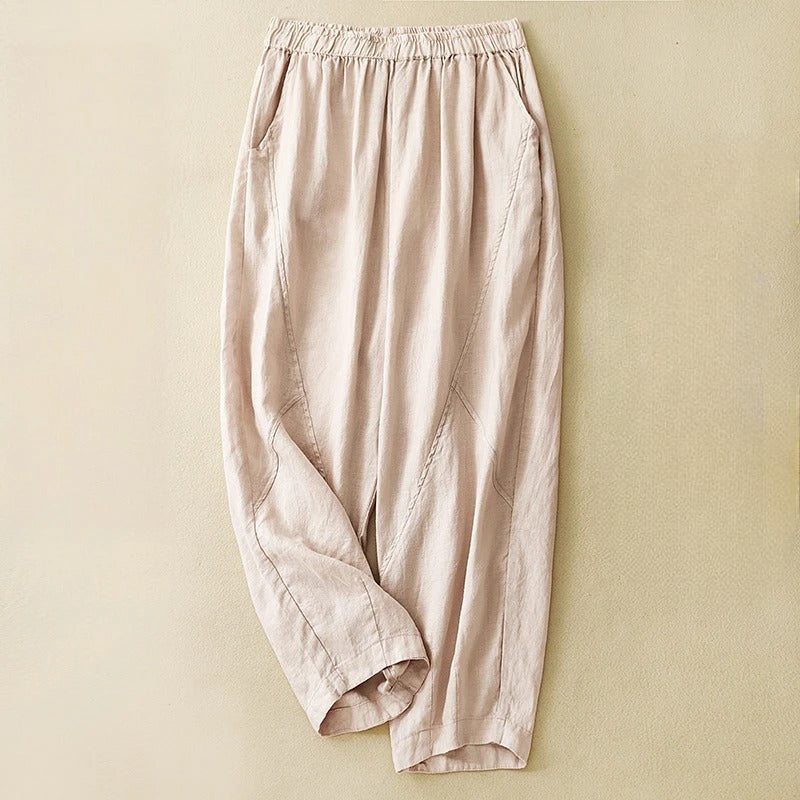 Palermo women's straight leg linen blend casual pants with elastic waist in a light color