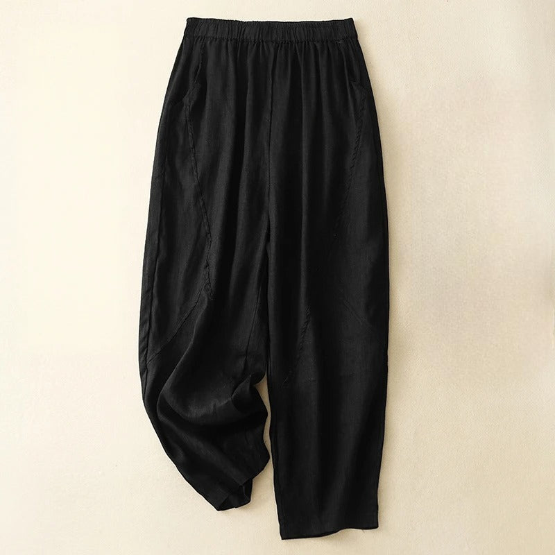 Close-up of the fabric texture of Palermo women's linen blend pants, showing flowy material