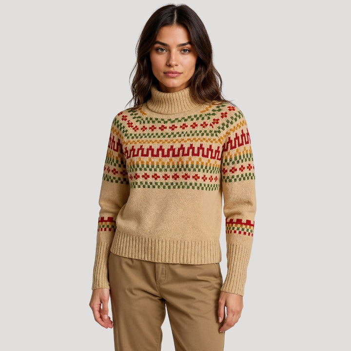 Stylish women's patterned knit turtleneck sweater in warm brown and beige tones, versatile pullover.