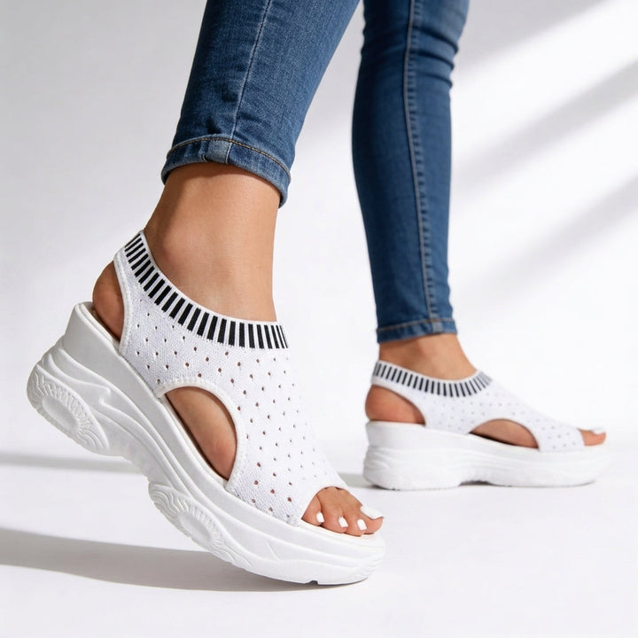 Flexible mesh peep toe wedge sandals for women. Comfortable platform design, perfect casual walking shoes.