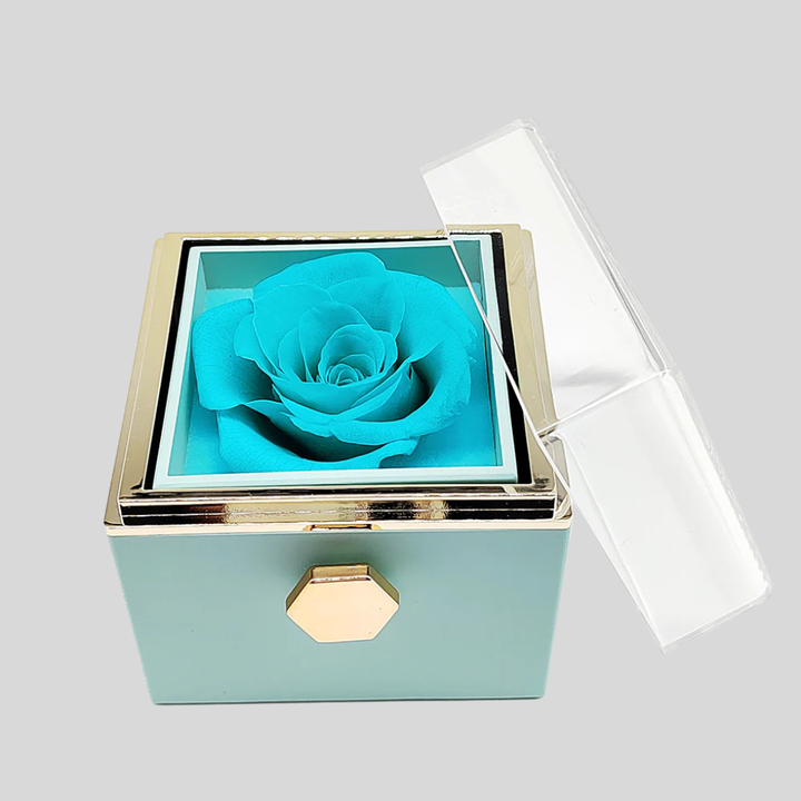 Beautiful preserved eternal rose in a gift box, part of a romantic gift set with a personalized heart necklace.
