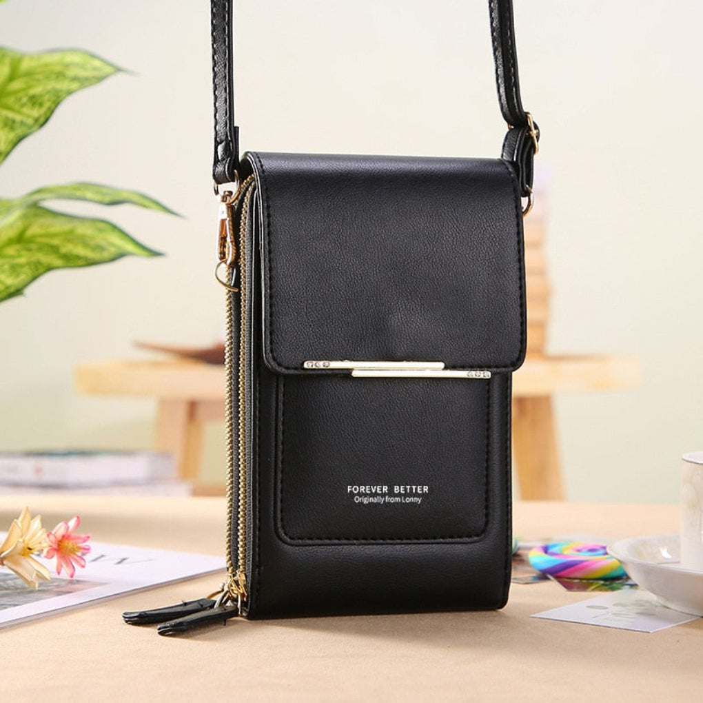 Stylish women's crossbody phone purse, ideal for hands-free daily carry; features a touchscreen window. Black color.