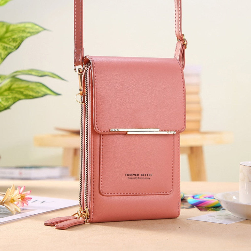 Compact black women's phone shoulder bag, great for travel & daily use, with a convenient touchscreen compartment.