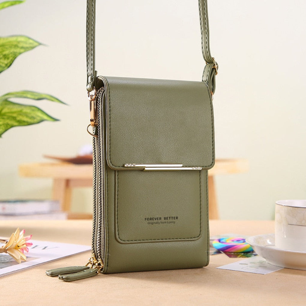 Brown women's small travel phone shoulder bag; features a touchscreen compartment for easy phone access on the go.