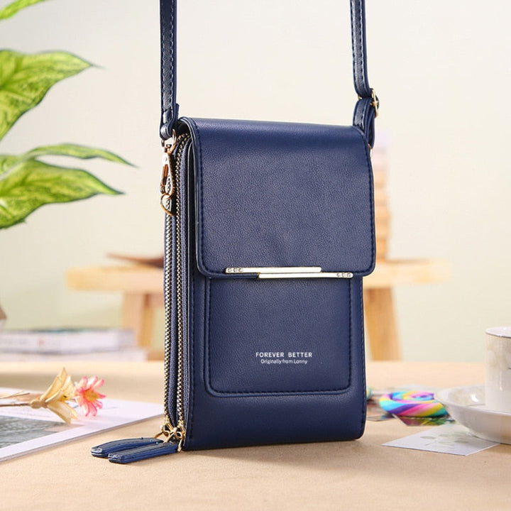 Green women's compact phone organizer, a stylish hands-free crossbody bag with clear touchscreen functionality.