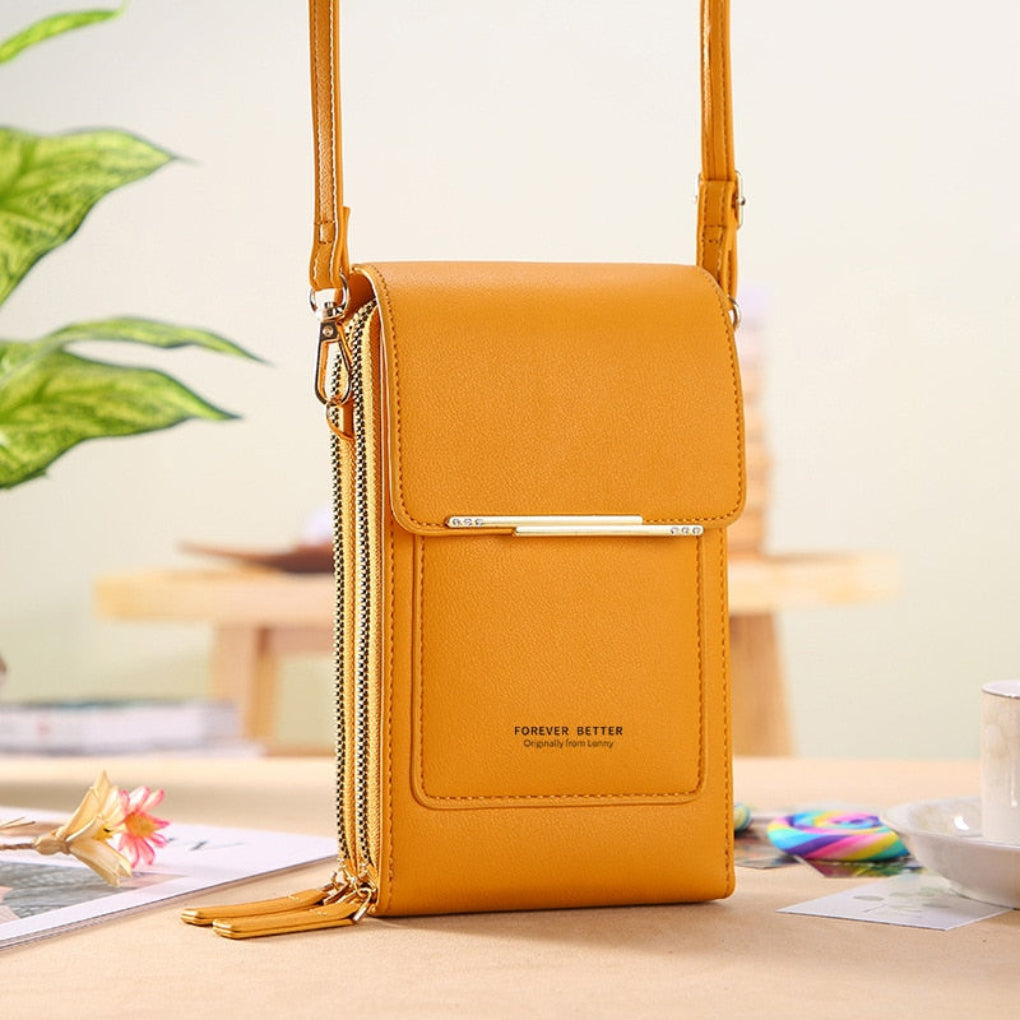 Versatile women's phone shoulder bag with touchscreen access, functions as a crossbody purse for hands-free convenience.