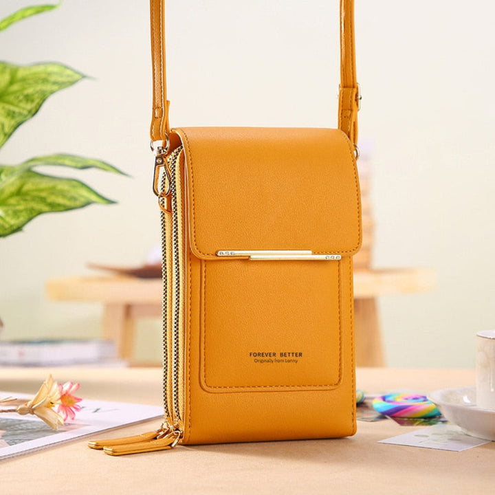 Versatile women's phone shoulder bag with touchscreen access, functions as a crossbody purse for hands-free convenience.