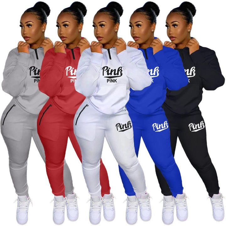 Women's pink letter print two-piece athletic set, perfect for casual comfort and sporty chic style.
