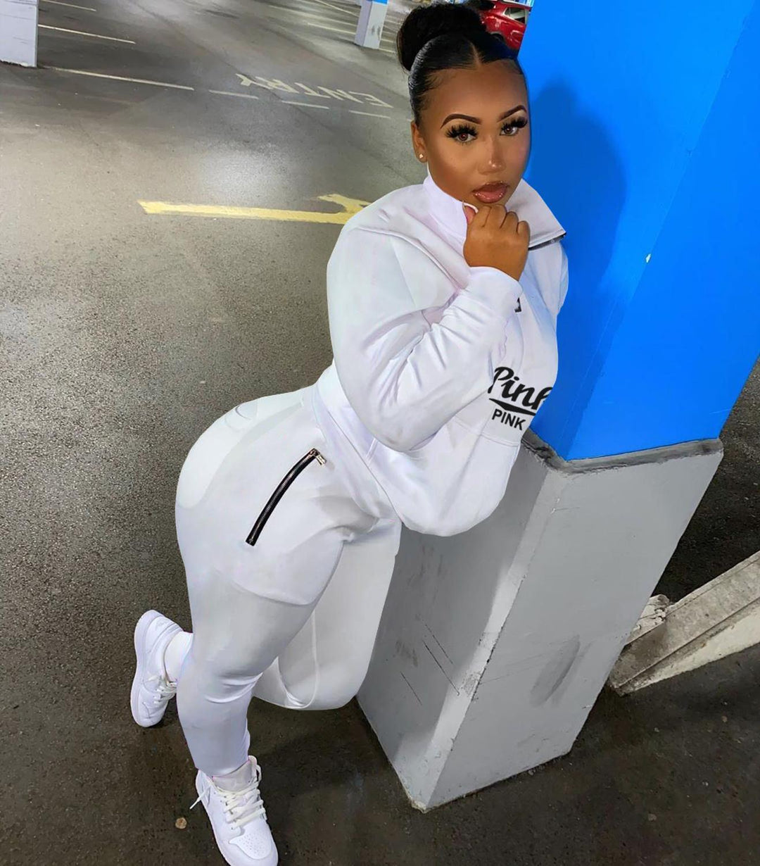 Fall women's pink letter print two-piece jogger set, comfy athletic apparel for cooler weather.