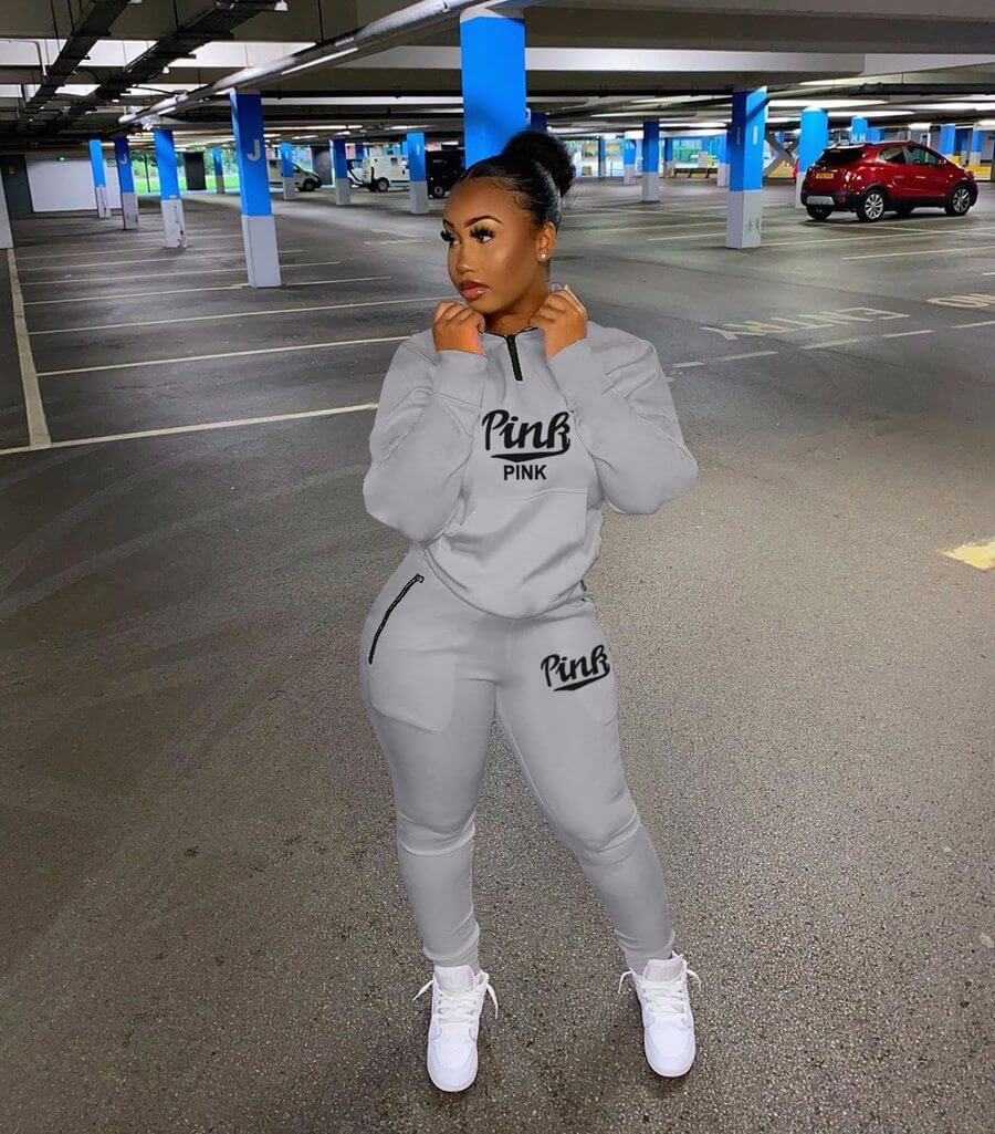 Women's pink letter print jogger set, a sporty chic two-piece tracksuit for active wear.
