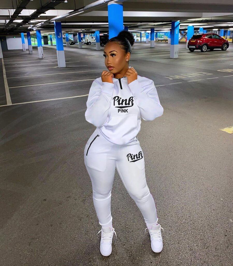 Fashionable women's pink letter print two-piece athletic set, comfy and stylish loungewear.