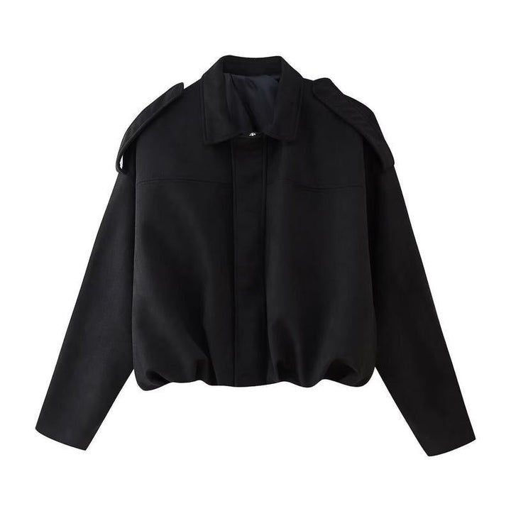 Casual black suede cropped bomber jacket for women featuring a zip closure and two pockets