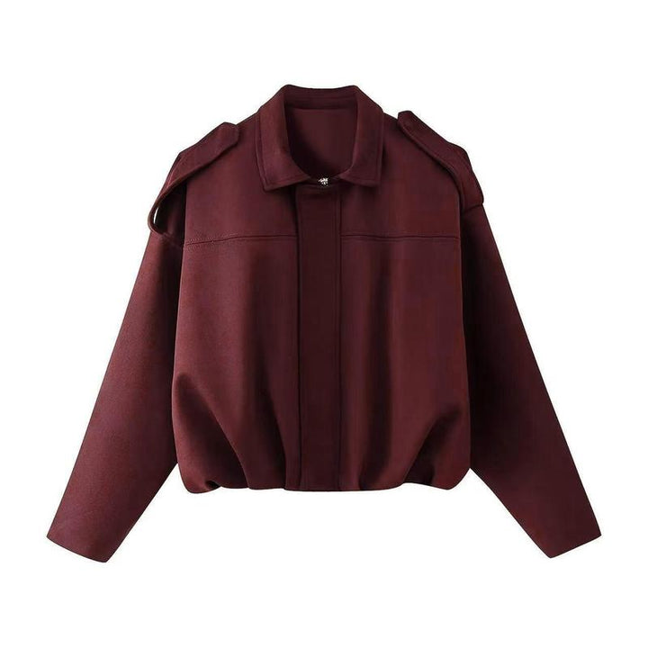 Back view of a women's vintage style cropped suede bomber jacket, ideal for casual wear