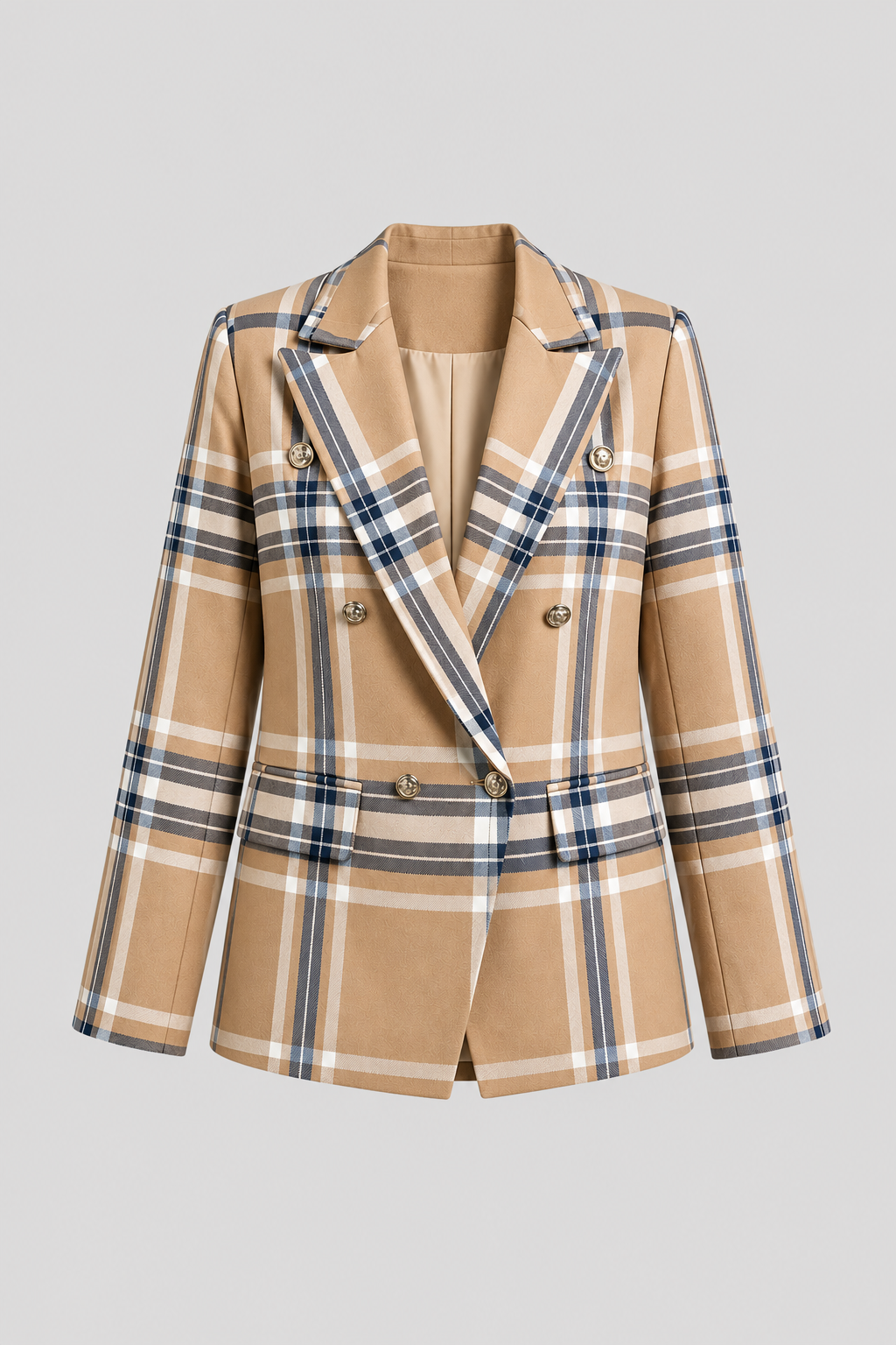 Women's plaid blazer with notched lapels. Professional double-breasted jacket for office or business casual style.
