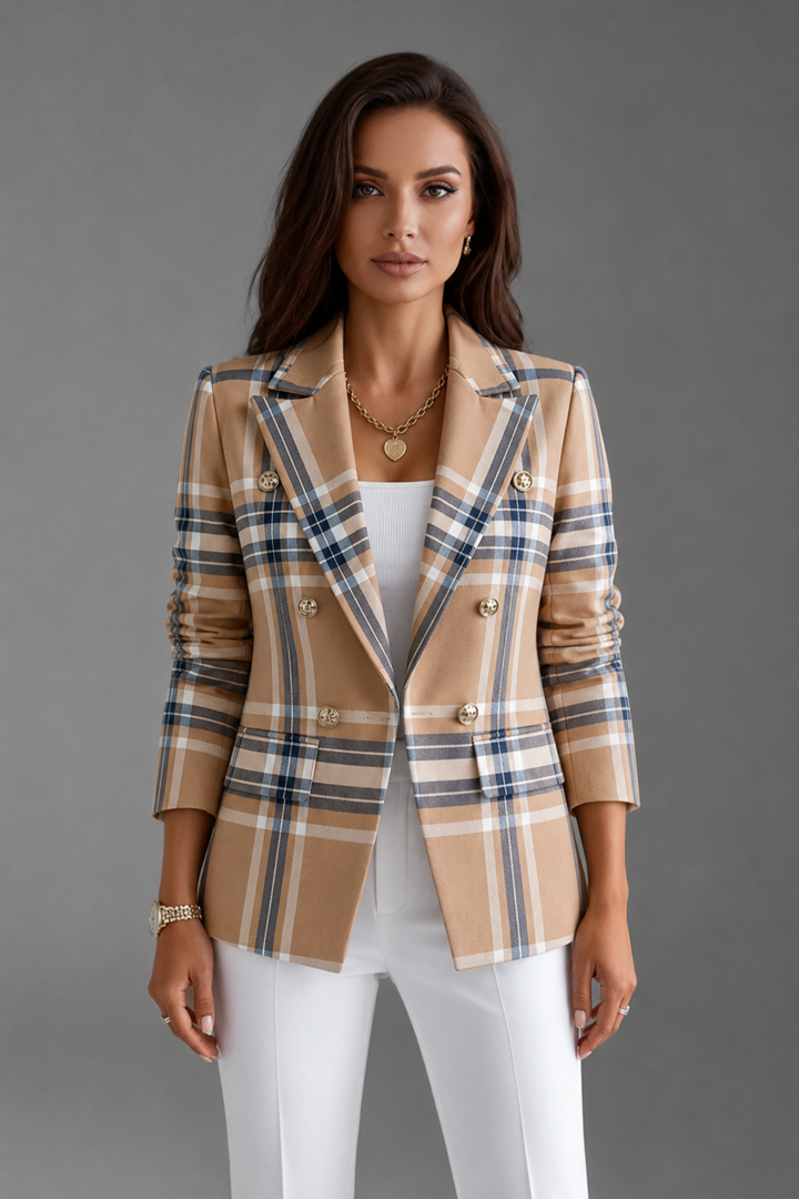 Chic women's plaid blazer, perfect for professional office wear or a stylish business casual look.
