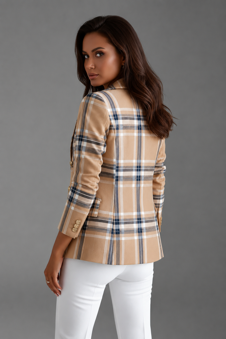 Long sleeve women's blazer featuring classic plaid pattern and elegant notched lapels. Formal office jacket.