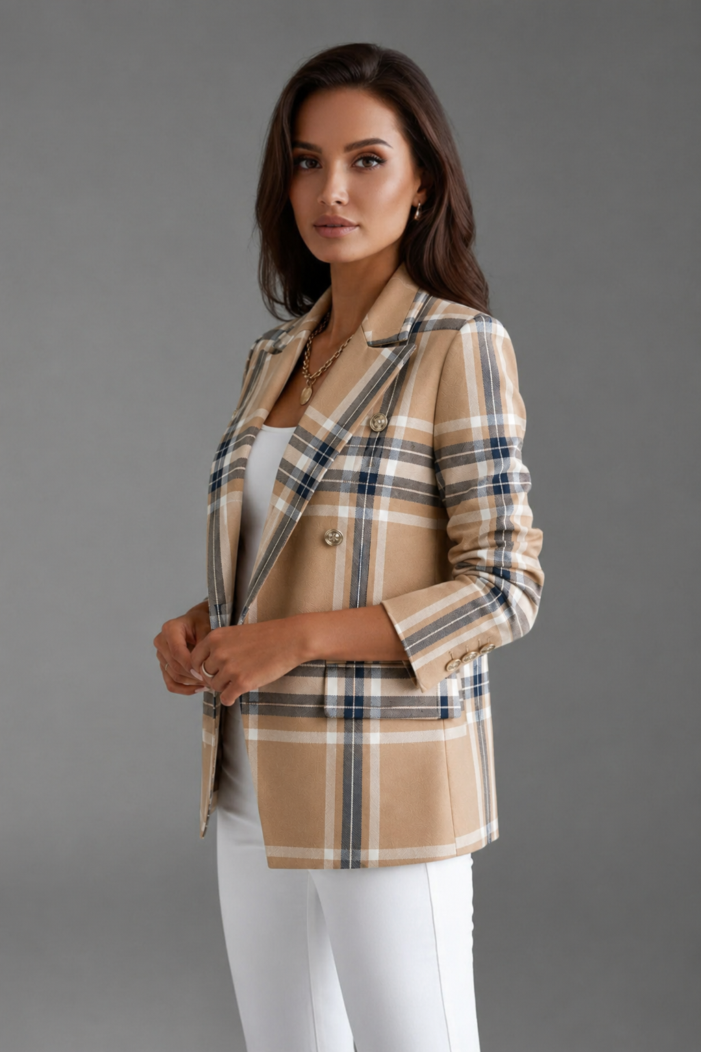 New arrival! Women's double-breasted plaid blazer with notched lapels. Ideal for business & formal events.