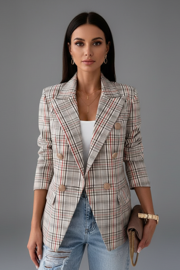 Stylish women's plaid jacket. Double-breasted blazer with notched lapels for a chic, professional appearance.