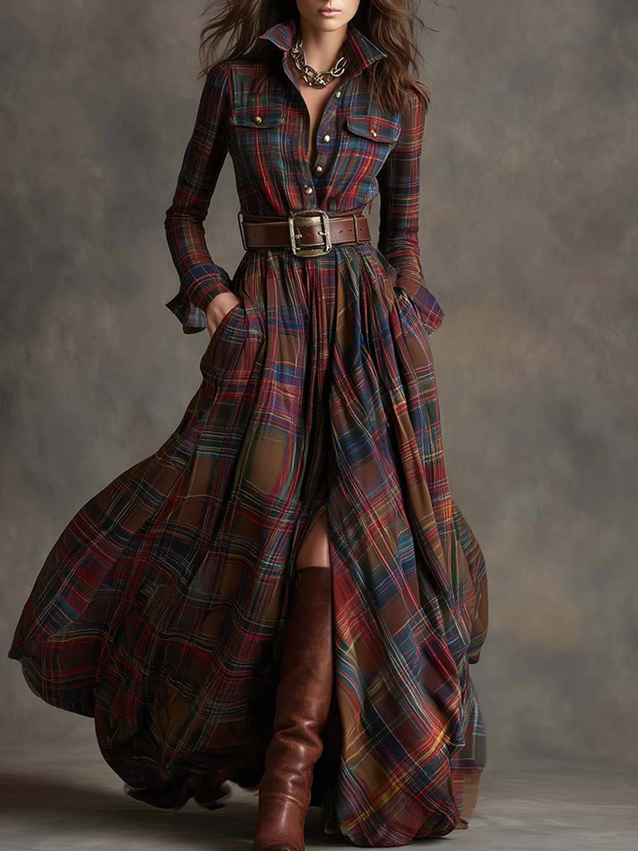 Women's plaid maxi shirt dress with belted flowing style. Perfect for casual autumn & winter fashion. Versatile and chic.