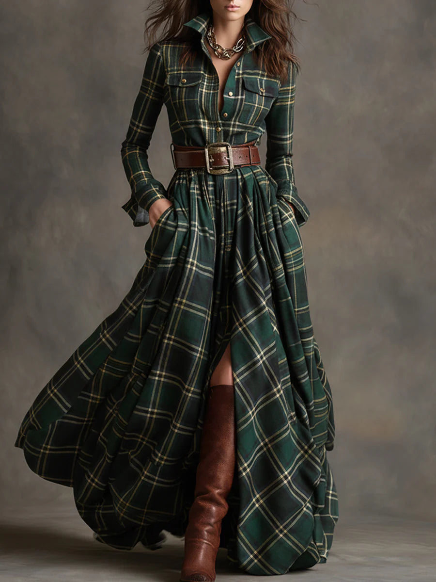 Elegant women's belted plaid maxi shirt dress with flowing silhouette, ideal for autumn & winter casual wear.