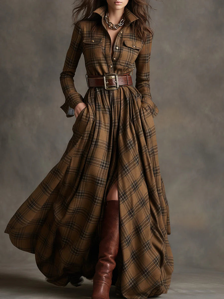 Stylish women's plaid maxi dress, shirt-style with a belted waist. Flowing design, perfect for women's fashion.