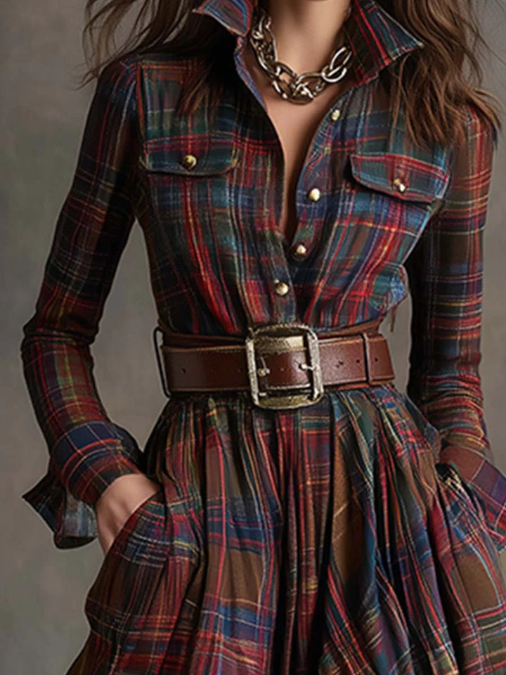 Casual women's plaid maxi dress featuring a chic belt and flowing skirt. A versatile shirt dress for any season.