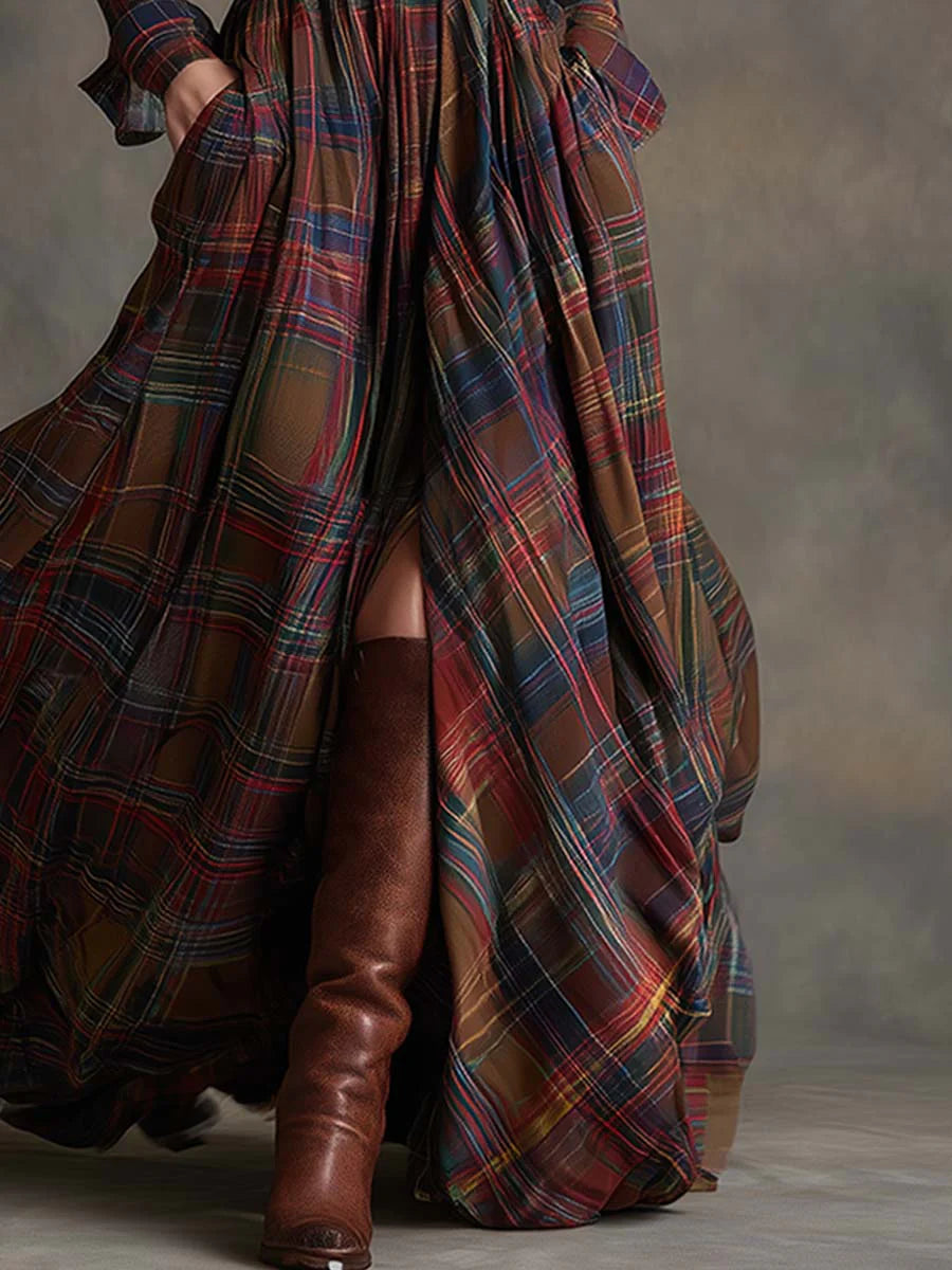 Chic women's plaid maxi shirt dress, belted and flowing. A fashionable, versatile dress for autumn and winter.