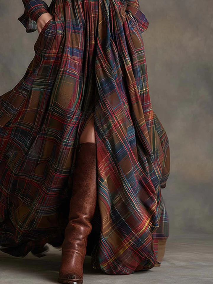 Chic women's plaid maxi shirt dress, belted and flowing. A fashionable, versatile dress for autumn and winter.