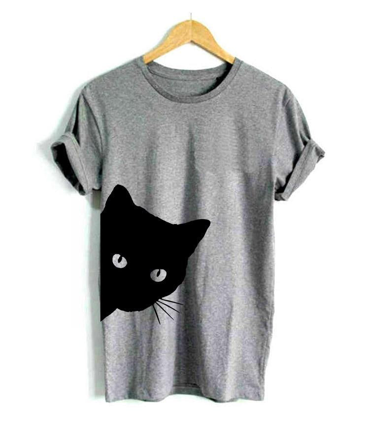 Women's playful cat lover graphic tee with unique feline print, perfect for casual wear. Express your love for cats.