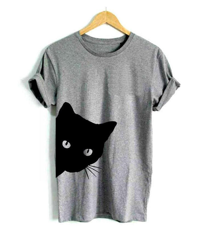 Women's playful cat lover graphic tee with unique feline print, perfect for casual wear. Express your love for cats.