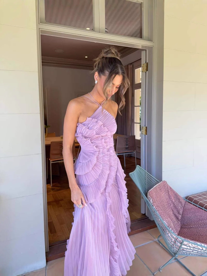 Chic pleated ruffle halter midi dress for women, suitable as a homecoming, cocktail party, or special occasion dress.